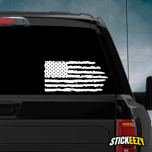 American Flag car decal, patriotic vinyl sticker, vehicle flag decal, high-quality car accessories, national pride decoration, weather-resistant decals, stars and stripes car sticker, patriotic car adornment, durable vinyl graphics, easy application car decal, American-themed auto accessory, Stickeezy patriotic products