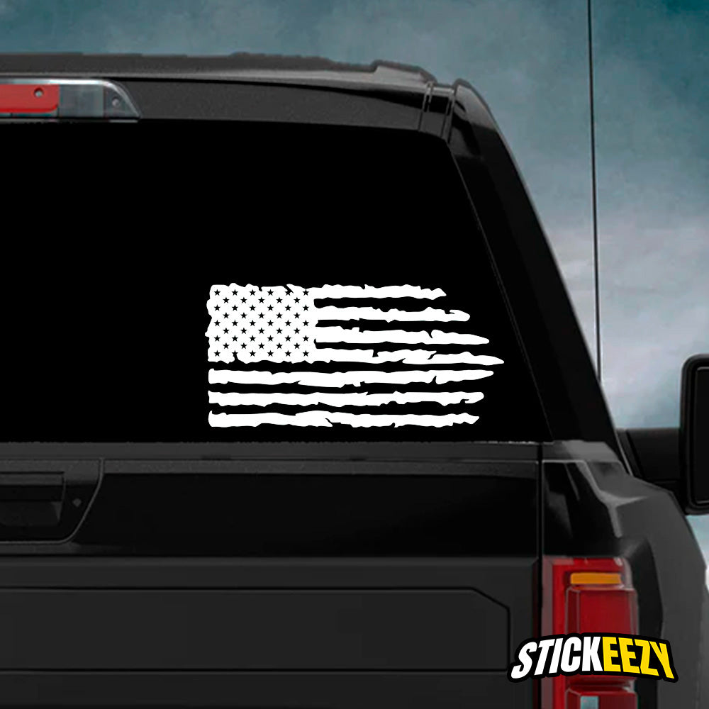 American Flag car decal, patriotic vinyl sticker, vehicle flag decal, high-quality car accessories, national pride decoration, weather-resistant decals, stars and stripes car sticker, patriotic car adornment, durable vinyl graphics, easy application car decal, American-themed auto accessory, Stickeezy patriotic products