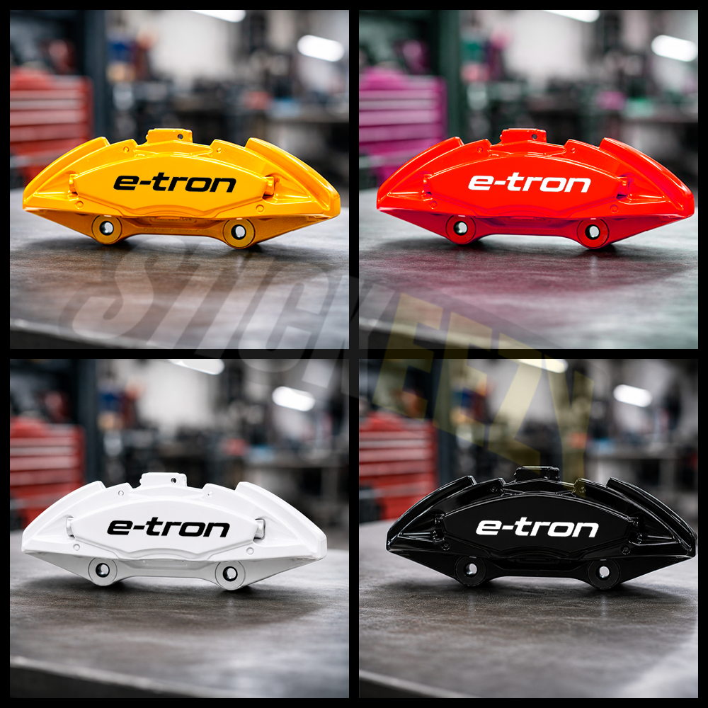 Audi e-tron script vinyl decals for personalized brake calipers and clean electric vehicle wheel styling