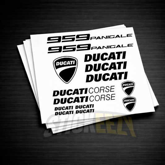 Ducati Corse 959 motorcycle decals made from premium Oracal 751 vinyl, precision-cut graphics for fairings and bodywork
