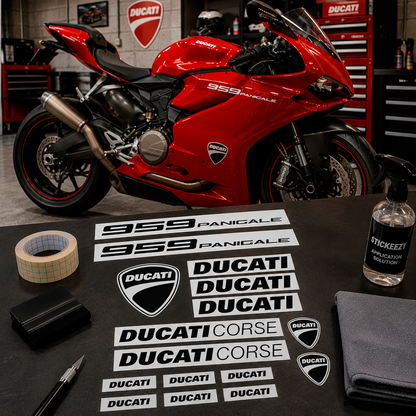 Ducati Corse 959 motorcycle decals made from premium Oracal 751 vinyl, precision-cut graphics for fairings and bodywork