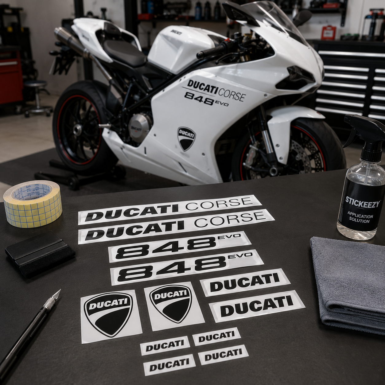 Ducati 848 EVO motorcycle decals made from premium Oracal 751 vinyl, precision-cut graphics for fairings and bodywork