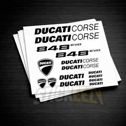 Ducati 848 EVO motorcycle decals made from premium Oracal 751 vinyl, precision-cut graphics for fairings and bodywork