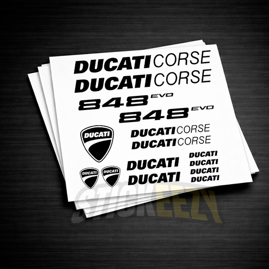 Ducati 848 EVO motorcycle decals made from premium Oracal 751 vinyl, precision-cut graphics for fairings and bodywork