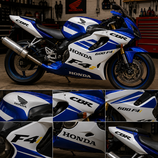 Honda CBR 600F4i motorcycle decal kit with OEM-style graphics for fairings and body panels