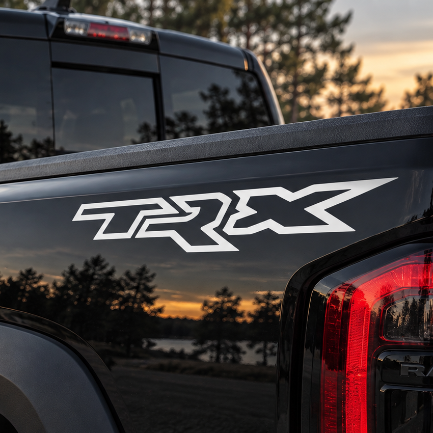 RAM TRX bedside vinyl decal installed on the upper rear section of a pickup truck bed
