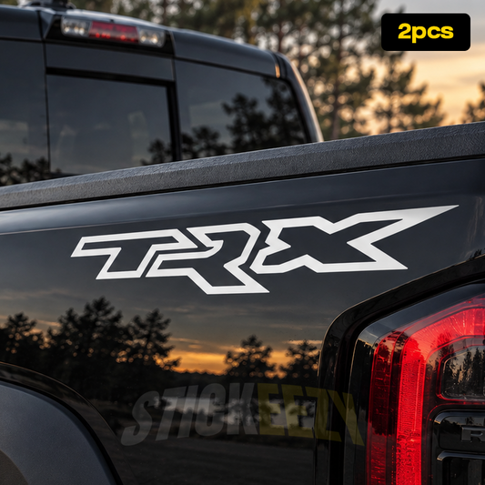 RAM TRX bedside vinyl decal installed on the upper rear section of a pickup truck bed