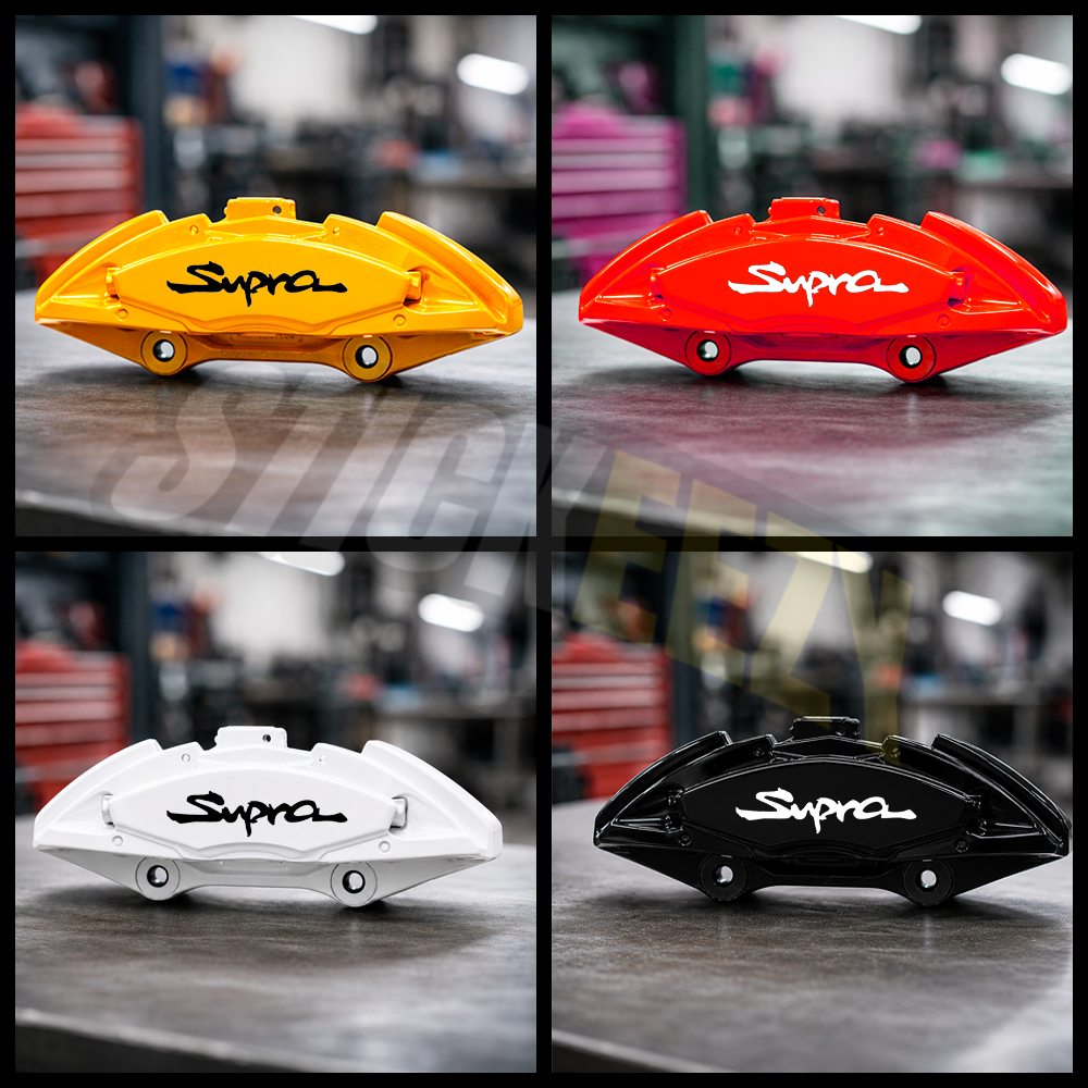 Toyota Supra script vinyl decals for custom painted brake calipers and performance wheel styling