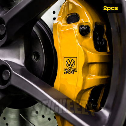 VW Motorsport brake caliper vinyl graphics for Volkswagen performance builds, painted calipers and custom wheel setups