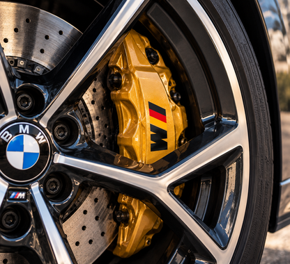 BMW M brake caliper vinyl decal featuring a German flag-inspired black, red, and gold design for custom painted brake calipers