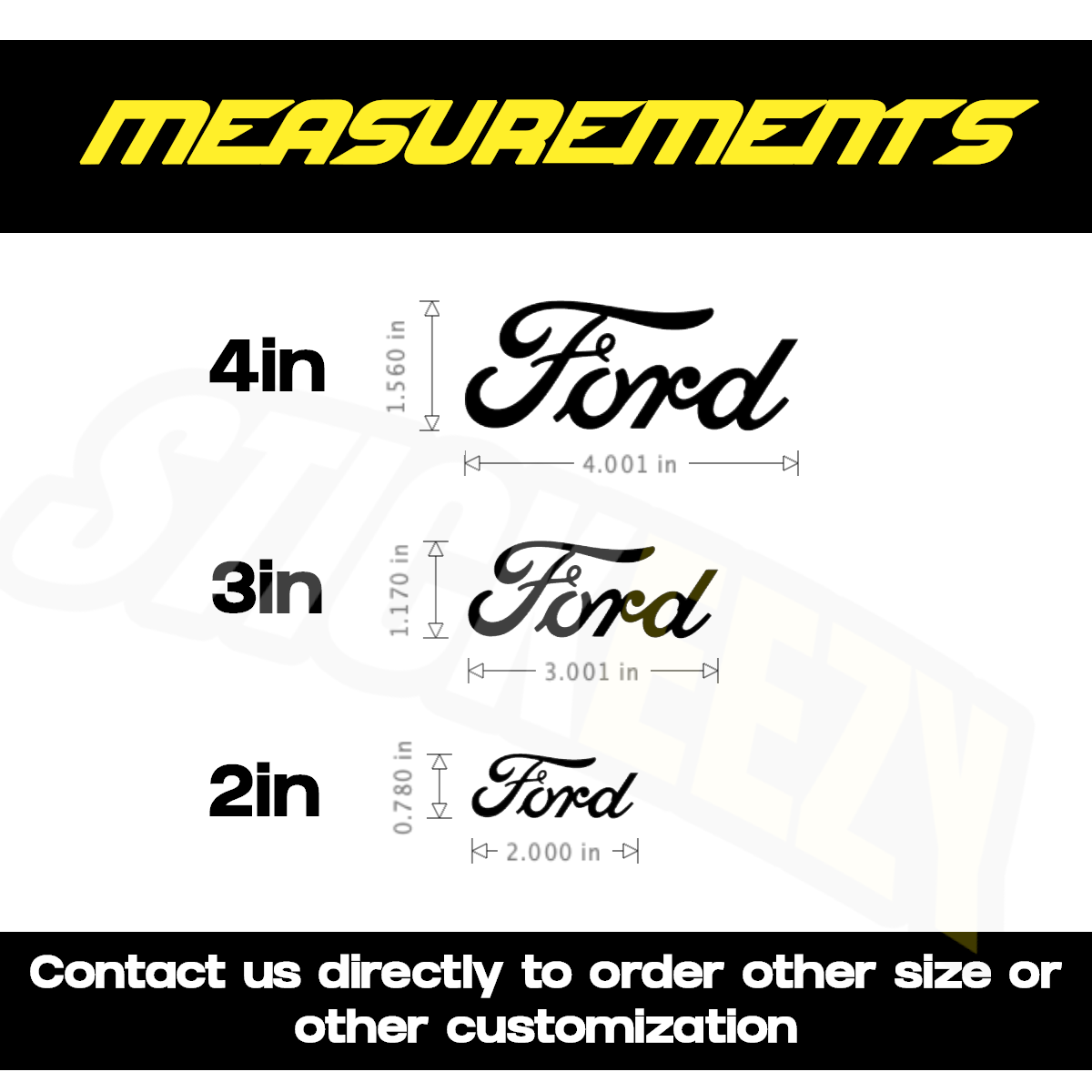 Measurement chart for Ford logos in different sizes 