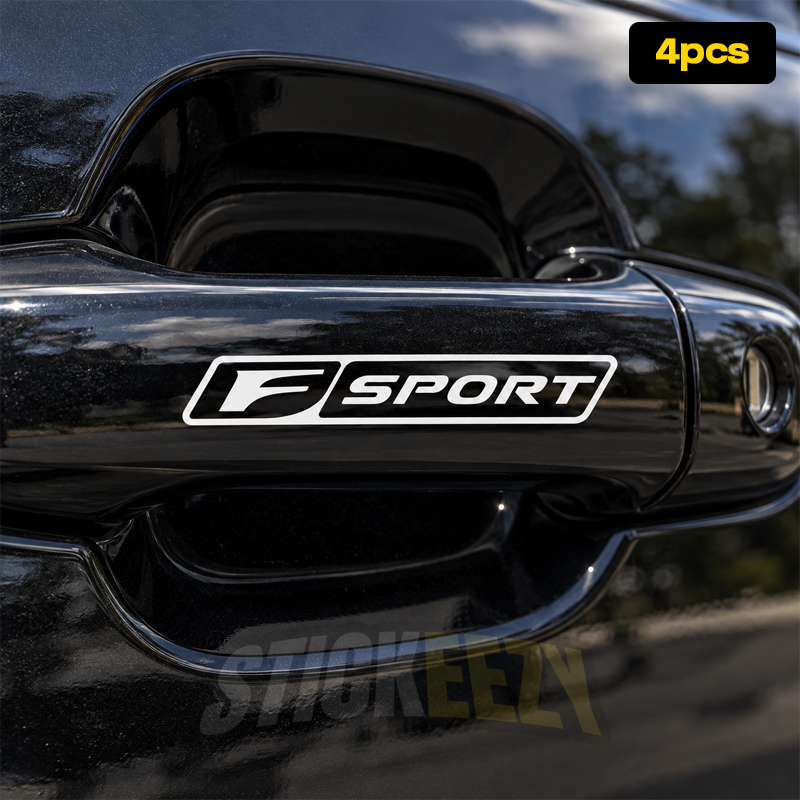 Lexus F Sport vinyl decal applied to a vehicle door handle, featuring a background-free F Sport logo design