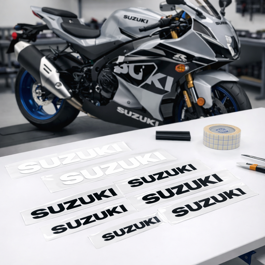 vinyl lettering decals sticker kit fits Suzuki motorcycles bold logo style motorcycle stickers close up