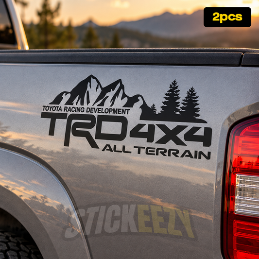 Toyota TRD All Terrain vinyl truck bedside decal featuring bold off-road lettering with a precision-cut background-free design