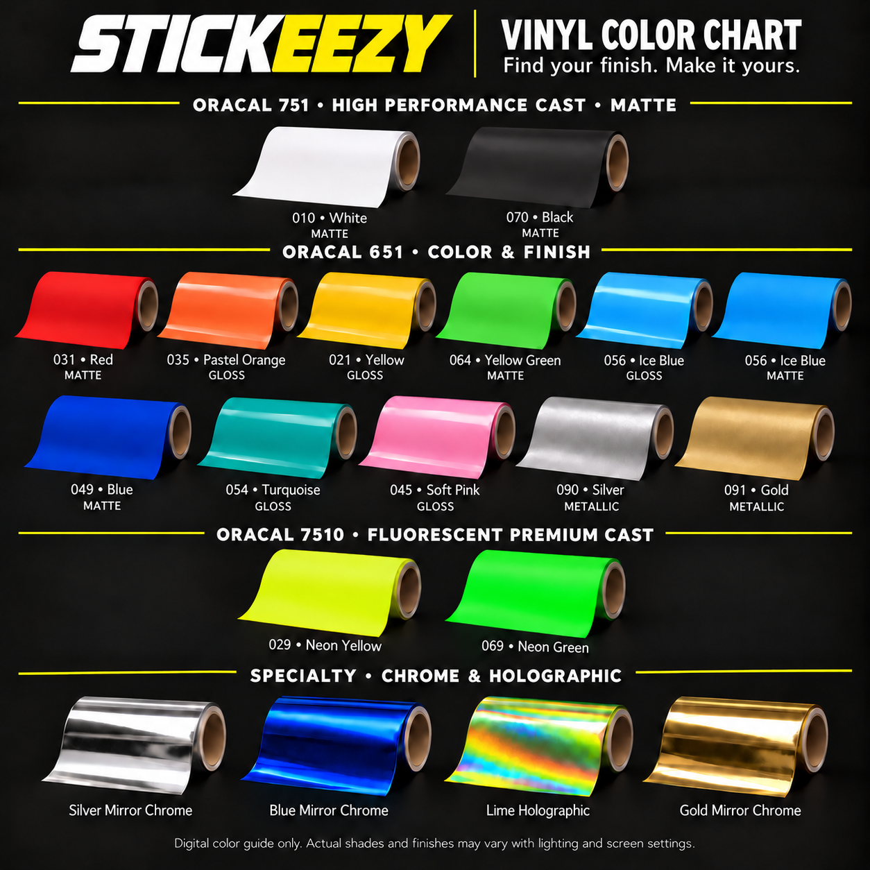 Stickeezy vinyl color chart showing ORACAL matte, gloss, metallic, fluorescent, chrome and holographic finishes